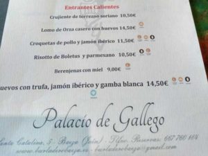Restaurante Palacio Gallego, Baeza. Carta